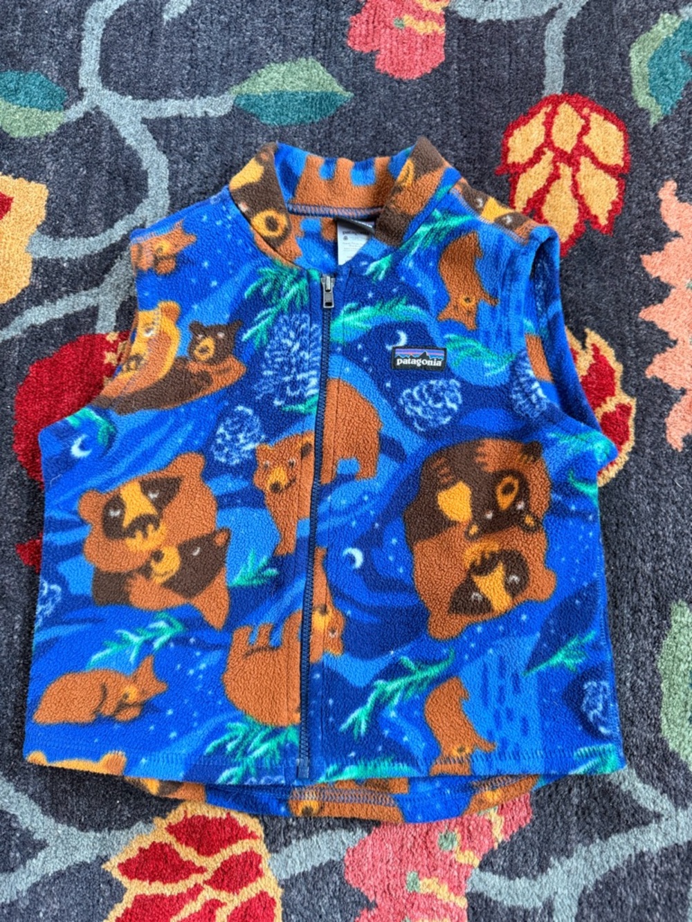 Patagonia Blue Fleece with Brown Bear and Green Accents